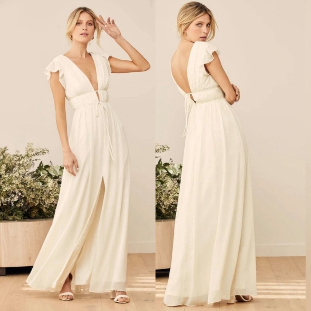 Lulus "I'm All Yours" Cream Ruffled Maxi Dress Boho Grecian Wedding Medium, NEW